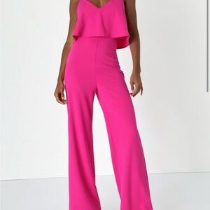 Lulu's Hot Pink V-Neck Wide-Leg Jumpsuit with Ruffle Bodice